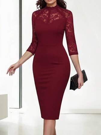 HOMEYEE Vintage Lace Patchwork Stand Collar 3/4 Sleeve Bodycon Sheath Dress, Elegant Office Lady Business Casual Wear