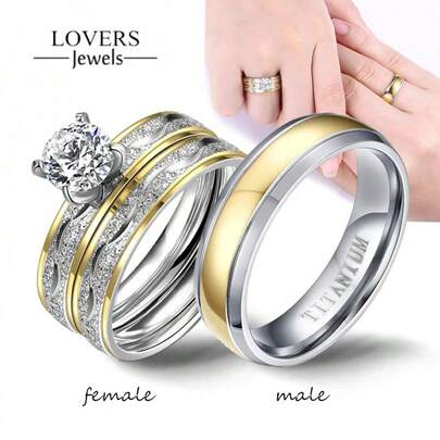 1 Pc Charm Couple Rings Exquisite Women Rhinestones Zirconia Rings Set Simple Men Stainless Steel Ring Wedding  Jewelry Gifts For Lover