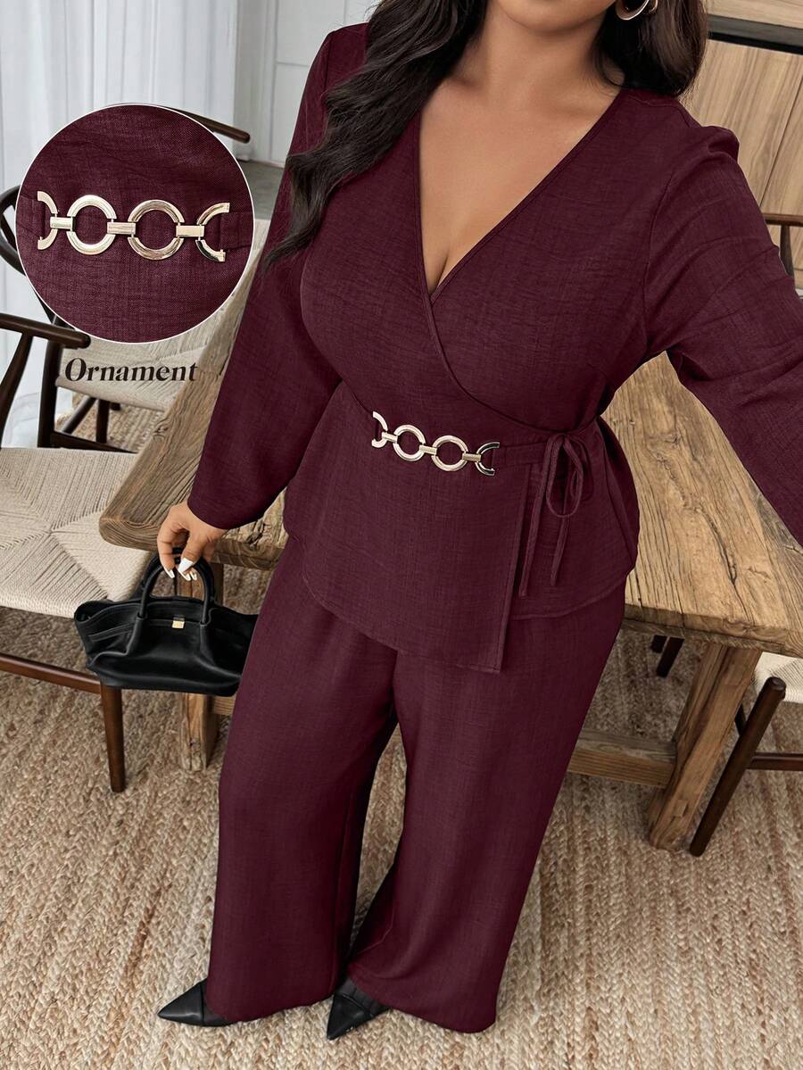 2pcs Plus Size Urban Chic V-Neck Metal Buckle Decor Long Sleeve Set, Solid Color, Palace Style, Suitable For Spring/Summer, Valentine's Day, Elegant Lady, Summer Holiday, Wedding & Events, Outing, Vacation, Beach, Spring Break - Red - View 1