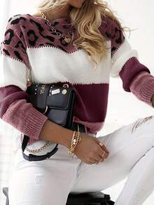 女士宽松可爱撞色豹纹毛衣，休闲舒适罗纹针织圆领长袖套头衫 - 彩色 - 查看 6