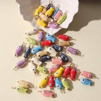 5pcs Handpainted Double-Sided Fish Eye Ceramic Pendant Charms, DIY Necklace Earring Keychain Accessories