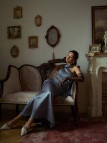 Đầm cocktail dự tiệc cưới cổ điển thanh lịch, thiết kế xếp ly eo, chất liệu co giãn, đầm dự tiệc cưới, đầm dự đám cưới mùa xuân. - Màu xanh bụi bặm - Xem 6