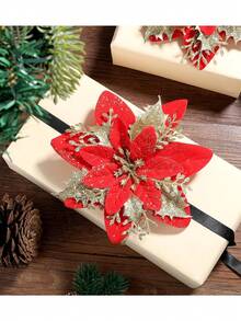 Fleur de Noël artificielle décorative rouge, scintillante, ornement pour sapin de Noël, décoration de couronne de fête d'hiver (or profond), convient pour la décoration de fête de Noël