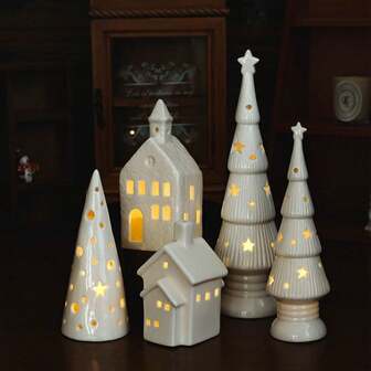 陶瓷圣诞屋瓷器圣诞树冬季圣诞树迷你粗陶树适用于壁炉架复古桌架客厅卧室橱柜办公室桌面
