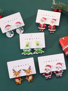 1 Set Cute Acrylic Christmas Earrings, Snowman, Santa Claus, Christmas Tree And Reindeer Stud Earrings, Festive Fun Accessories, Ideal Gift For Women - Multicolor 2 - View 2