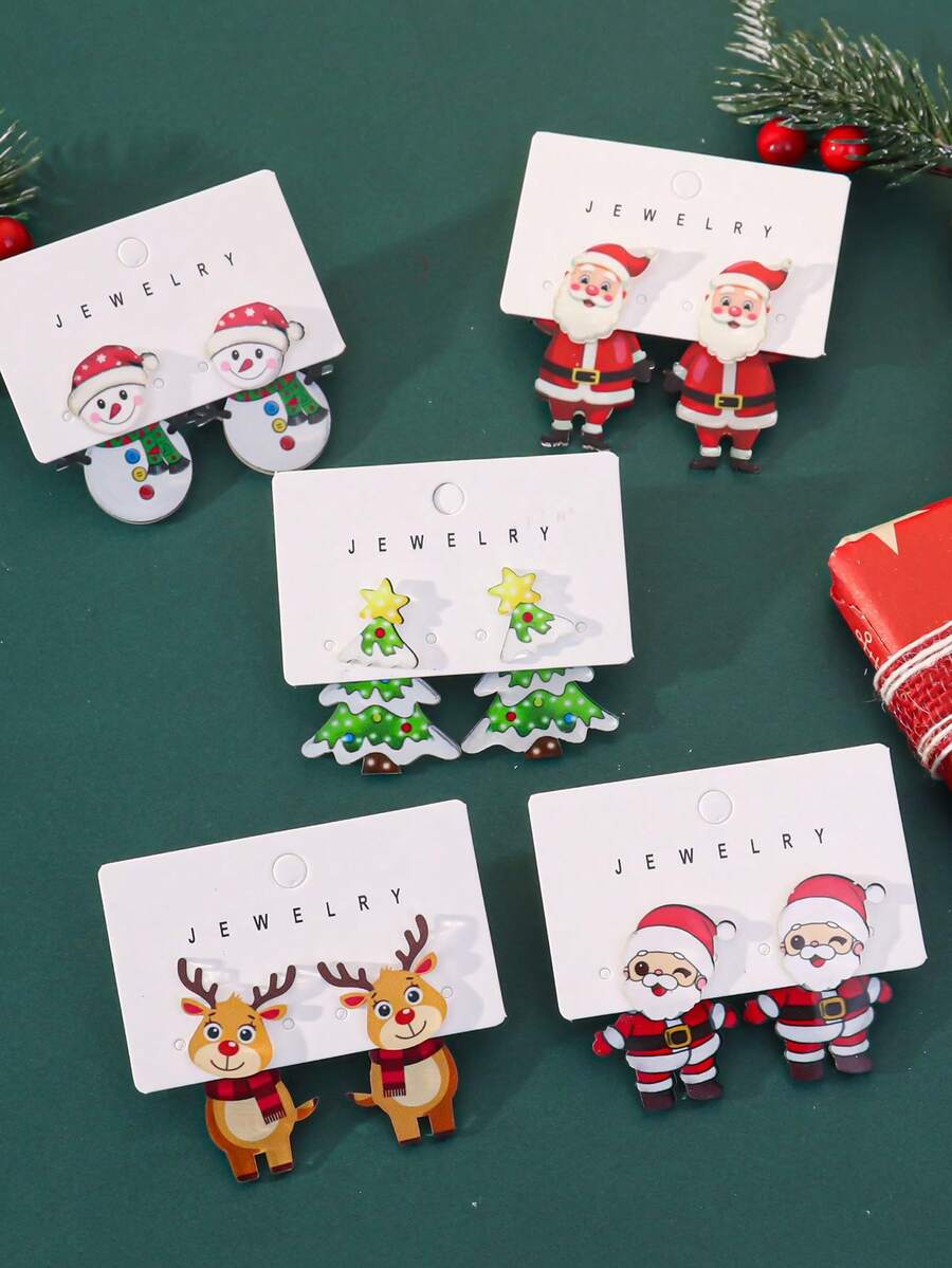 1 Set Cute Acrylic Christmas Earrings, Snowman, Santa Claus, Christmas Tree And Reindeer Stud Earrings, Festive Fun Accessories, Ideal Gift For Women