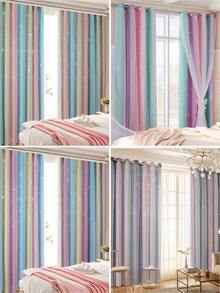 1 件渐变双层薄纱窗帘,空心星形设计,100% 涤纶,带顶环,滤光,保护隐私,遮光,适用于卧室、客厅、阳台装饰 - 彩色 - 查看 3