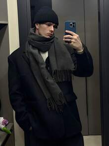 1 件时尚优雅纯色羊毛保暖羊绒围巾，男女通用休闲流苏防寒披肩，适合日常穿着，秋冬