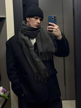 1pc Fashionable & Elegant Solid Color Wool Warm Pashmina Scarf, Unisex Casual Fringed Cold-Proof Shawl, Suitable For Daily Wear, Autumn/Winter