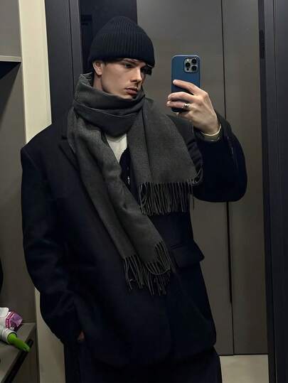 1 件时尚优雅纯色羊毛保暖羊绒围巾，男女通用休闲流苏防寒披肩，适合日常穿着，秋冬