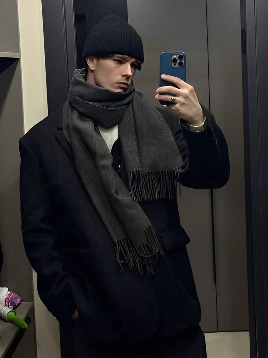 1 件时尚优雅纯色羊毛保暖羊绒围巾，男女通用休闲流苏防寒披肩，适合日常穿着，秋冬