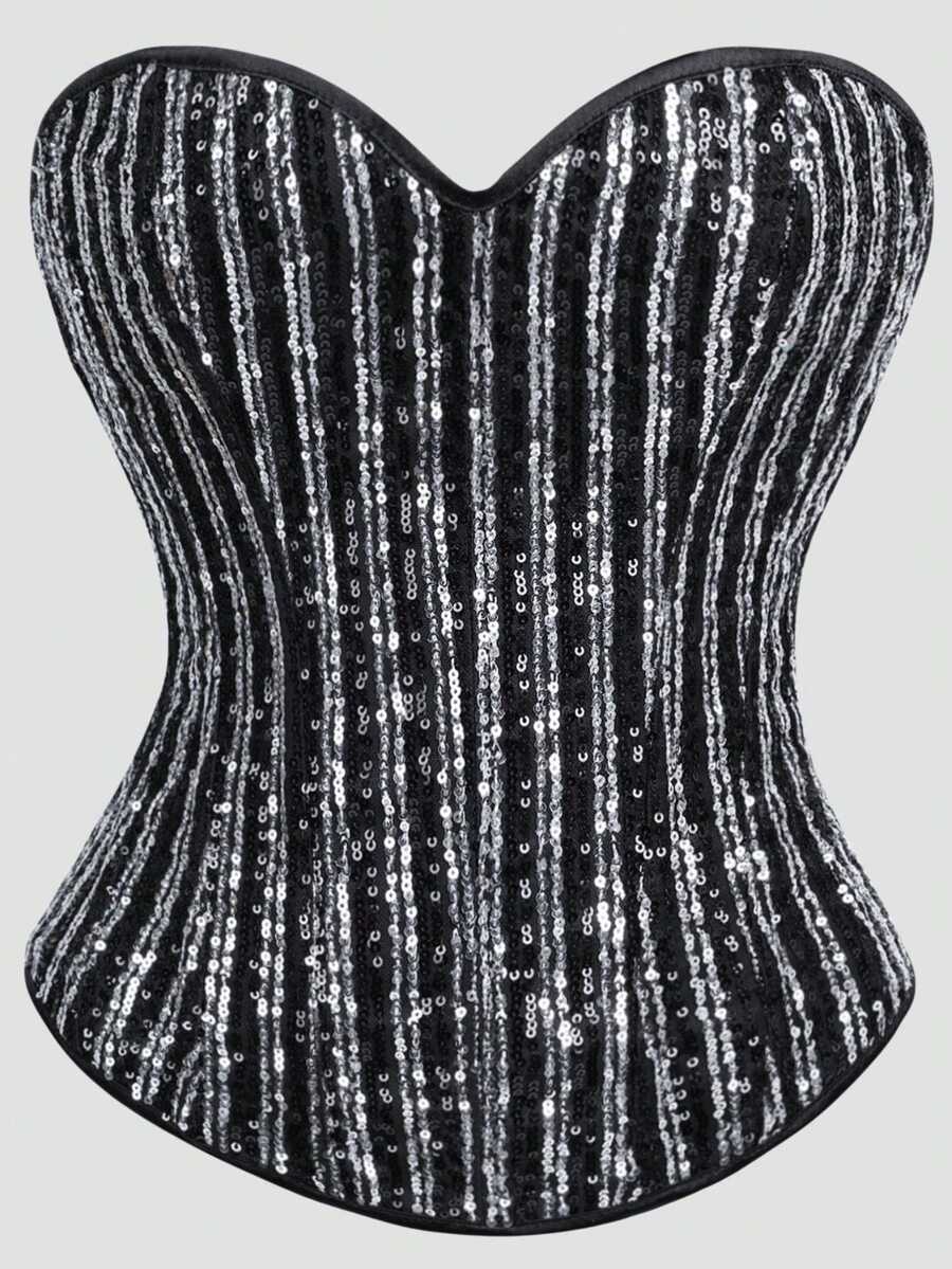 Black Sequin Zipper, Women's Corset, Tummy Cincher, Women's Corset, Fashionable , Versatile And Classic - 黑色 - 查看 1