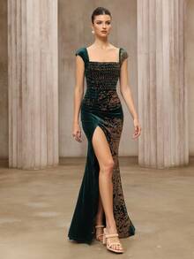 Women's Elegant Luxurious Velvet Rhinestone Ruched Slit Backless Tie Bodycon Fishtail Hem Party Evening Gown, Suitable For Special Occasions, Autumn Dress, Formal Banquet Dress - Dark Green - View 4