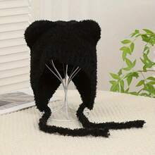 1pc Women's Cute Bear Ear Warm Earmuff Trapper Hat, Knitted Thick Fluffy Plush Cap For Autumn/Winter Outdoor Travel Cycling