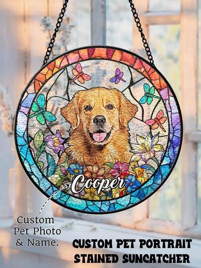 Custom Pet Portrait Stained Suncatcher, Stained Dog Memorial, Custom Dog Portrait From Photo, Sympathy Gifts, Stained Dog. Pet Memorial Gift, Window Hangings, Customized Dog Memorial Gifts, Sympathy Gifts For Dog Passing, Memory Dog Gifts, Loss Of Dog Gift Ornamental, Stylish,Fashion,Colorful,Vintage,Cute,Contracted,Cuties Custom,Unique,Customized,Personalized Pet