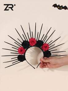 1 pièce Serre-tête noir et rouge à fleurs pour femmes, serre-têtee pour le festival d'Halloween, bandeau pour cheveux - Multicolore - Voir 1