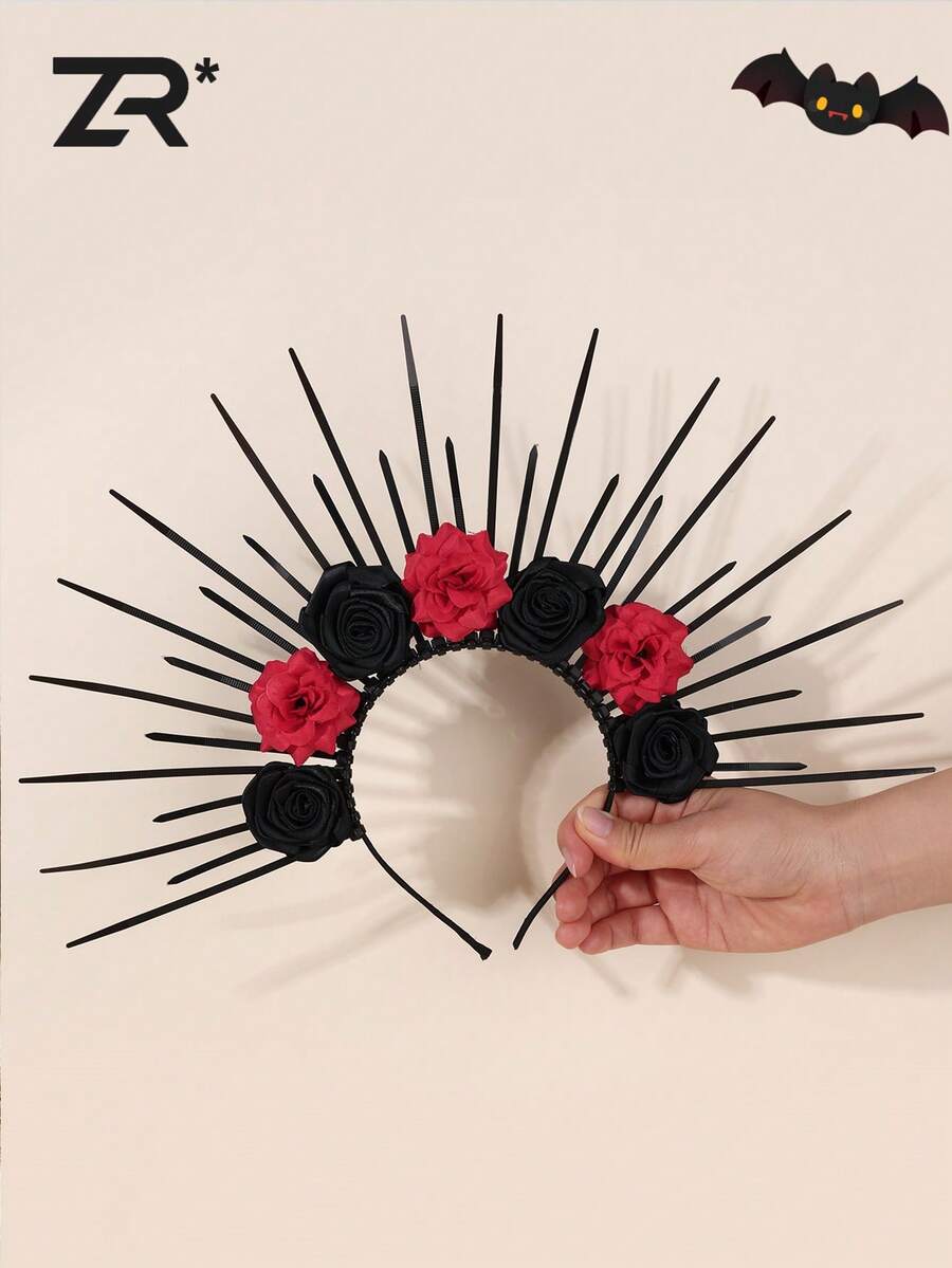 1 pièce Serre-tête noir et rouge à fleurs pour femmes, serre-têtee pour le festival d'Halloween, bandeau pour cheveux - Multicolore - Voir 1