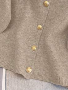 1pc Women's Solid Color Metallic Button Sweater, Casual Round Neck Short Sleeve Cardigan, Versatile Knit Sweater Tops, Fall/Winter Spring - Khaki - View 7