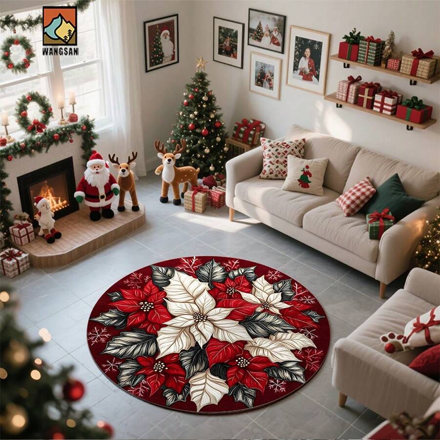 1 pièce/10 pièces Tapis de bain antidérapant avec design de poinsettia et flocon de neige, en matériau de flanelle, tapis de sol rond, décoration moelleuse, convient pour la salle de bain, la porte, la cuisine, le salon et autres occasions, lavable en machine, antidérapant, décoration de Noël, idée cadeau