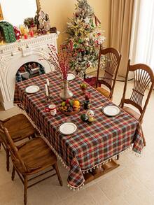 1pc Christmas Plaid Tablecloth, Tassel Decor, Retro Brown-Red Plaid, Brushed Woven Fabric, Rectangular, Washable, Suitable For Coffee Table, Bedside Cabinet, Dining Table Decor, Suitable For Home Kitchen, Party Dinner, Holiday Party Decor, Christmas, New Year, Autumn Decoration