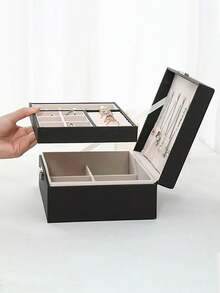 1个双层大容量首饰盒，便携式首饰收纳盒，礼品皮革首饰盒，浴室和办公桌抽屉收纳盒，可堆叠收纳盒，带抽屉的梳妆台首饰盒，适用于戒指、项链、手表、耳环、手镯 - 适合妇女节、下午茶、新年、情人节、生日、海滩度假、浴室、卧室等场合，大容量 - 彩色 - 查看 2