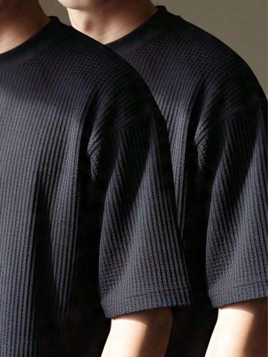 RelaxMax Men's Casual Oversized Textured Mesh Shirt Kit 2 - 黑色與黑色 - 查看 1