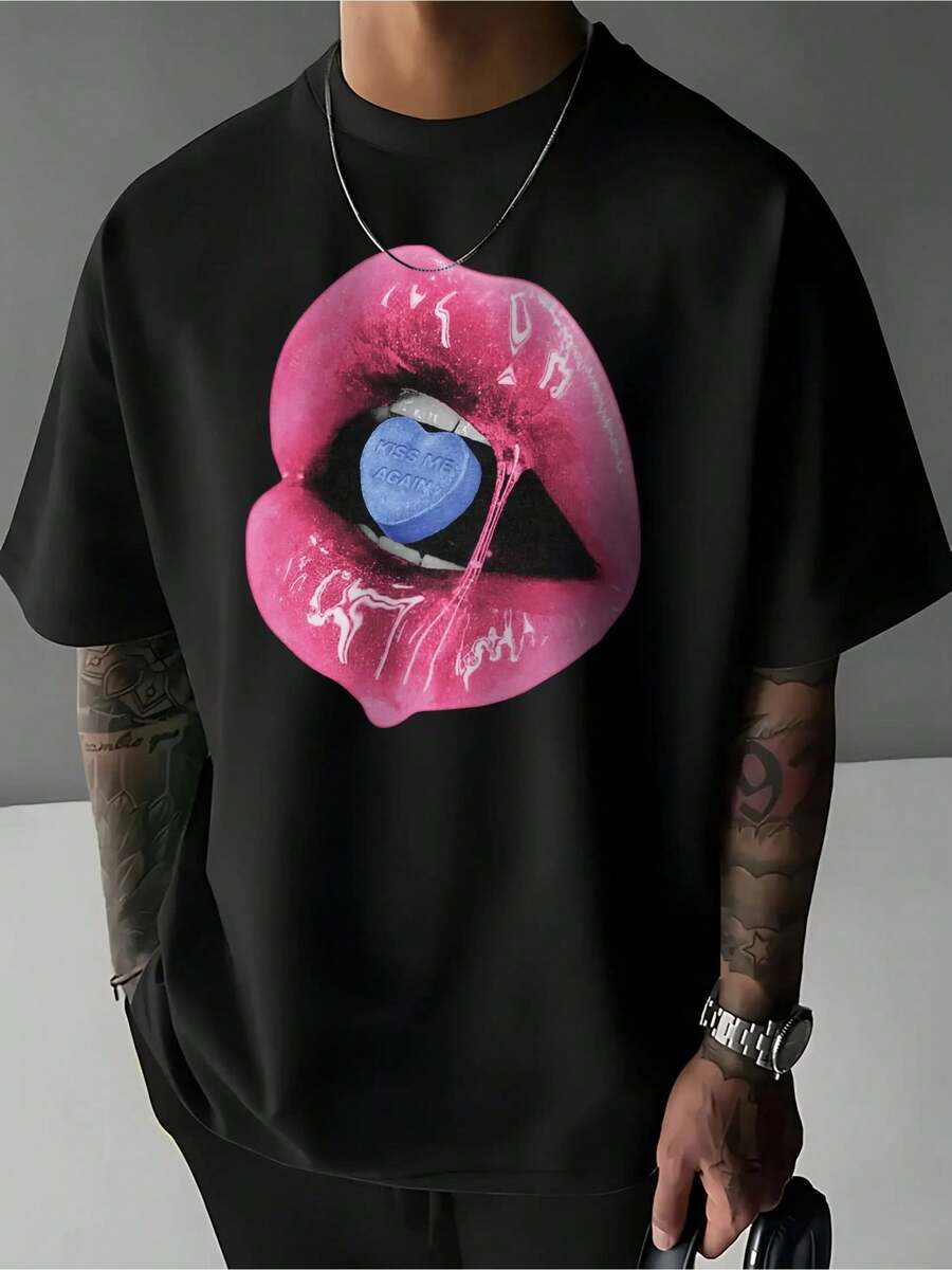 Men'S " Again" Graphic Tee - Casual Short Sleeve, Comfortable Round Neck, Polyester Blend, Summer Style, Streetwear Tshirt With Playful Lip Print, Casual Attire| Playful Print Tee| Comfortable Fit, PLUS SIZE - màu đen - Xem 1