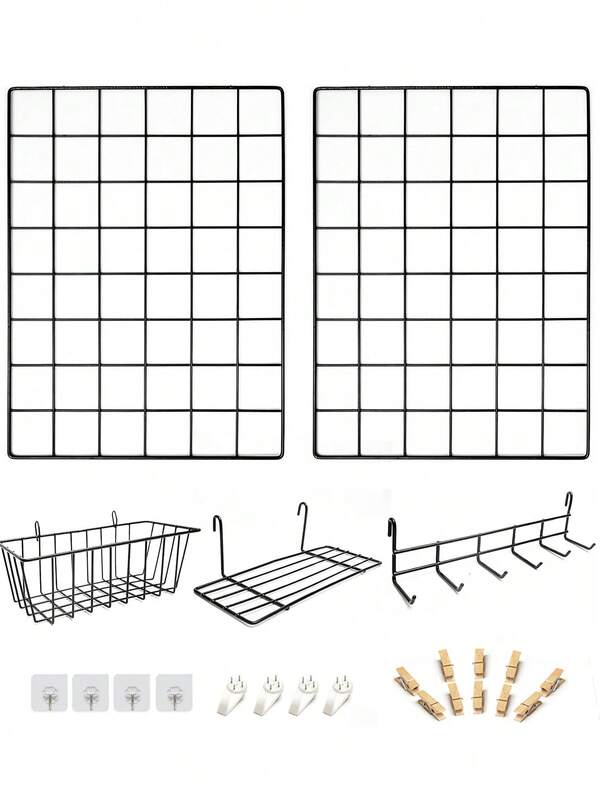 2 painéis de grade de parede de metal com cestos, prateleiras e ganchos - organizador de arame preto e branco para exibição de fotos, decoração de casa, escritório e cozinha, painel de grade de parede