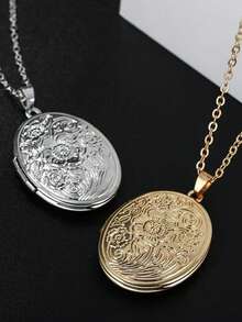 1pc Cross-Border Hot Selling DIY Accessory Oval Engraved Pendant, Openable Necklace Charm For Women