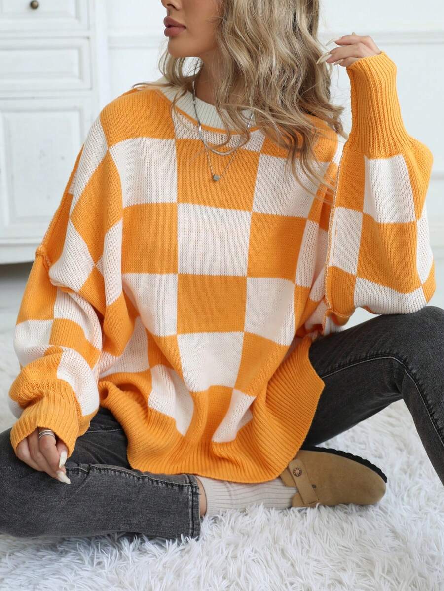 Women's Casual Loose Fit Drop Shoulder Colorblock Turtleneck Pullover Sweater - Orange - View 1