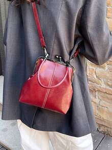 限时折扣，抓紧抢购！复古仿皮斜挎包，女士款，复古吻锁迷你手提包，配有可调节肩带，纯色轻便都市手提包，涤纶内衬，情侣礼物，新年礼物 - 酒紅色 - 查看 5