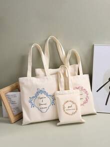 1pc Customized Canvas Tote Bag, Personalized Floral Pattern Storage Bag, Small Cloth Bag For Wedding Gift, Jewelry Storage Bag, Party Gift Packaging - Multicolor - View 5