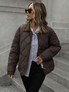 2025 New Arrival Winter Loose Knitted Quilted Padded Coat, Lightweight Short Fashionable Coat - Coffee Brown - View 3