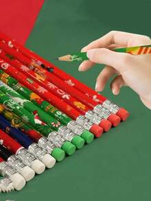 12/24pcs Wooden Christmas Pencils With Erasers, Design Patterns Include Snowman, Santa Claus, Christmas Tree And Snowflake, Suitable As Christmas Stationery Pencils For Office, School And Classroom - Multicolor - View 1