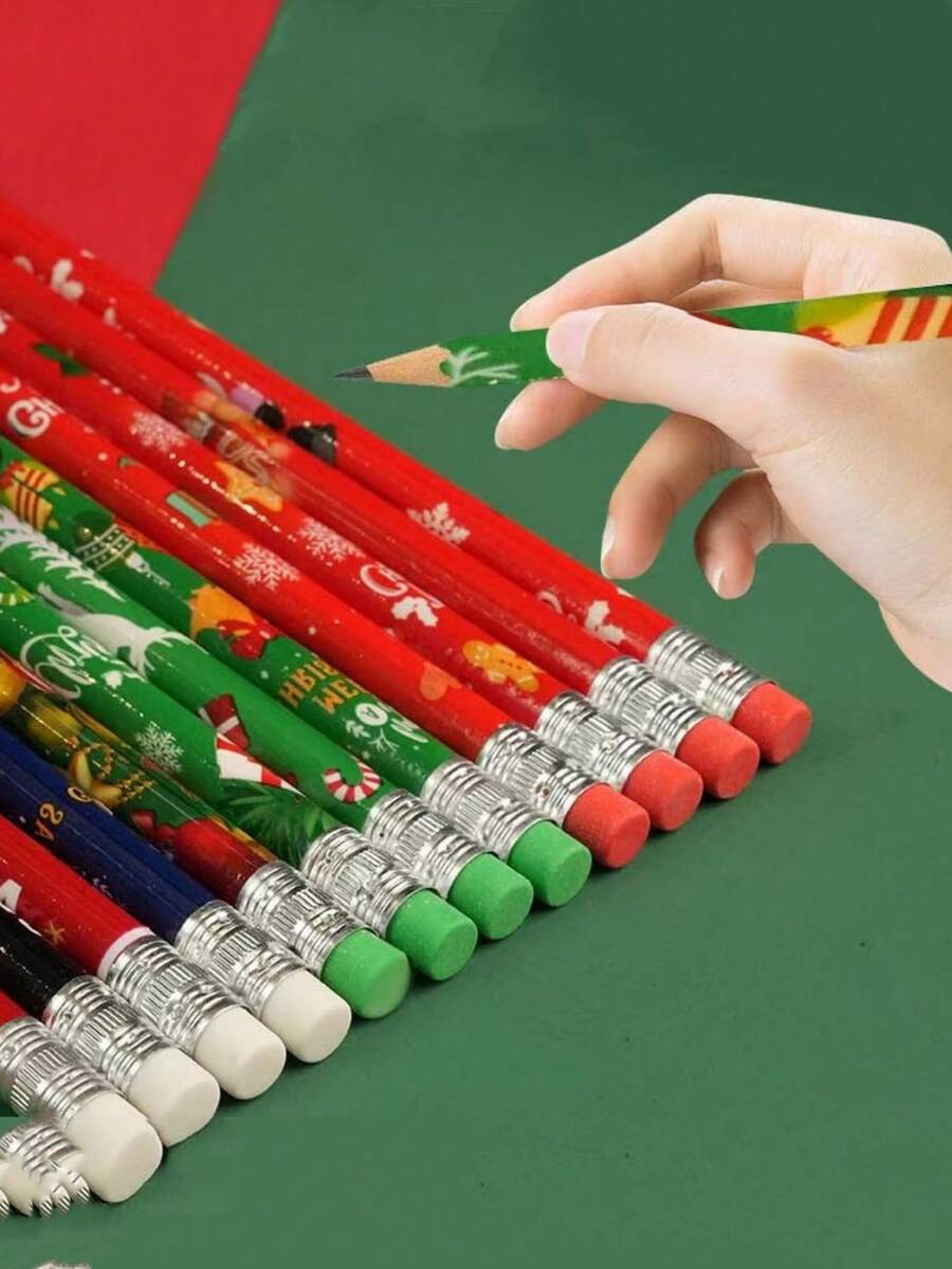 12/24pcs Wooden Christmas Pencils With Erasers, Design Patterns Include Snowman, Santa Claus, Christmas Tree And Snowflake, Suitable As Christmas Stationery Pencils For Office, School And Classroom - Multicolor - View 1