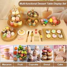 Audab Gold Dessert Table Display Set Including Cake Stand Cupcake Stand Serving Trays Platters Cake Cutting Set And Serving Tongs For Vintage Wedding Decor Party Food Decorations - Vàng - Xem 2