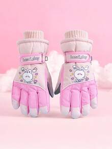 1 Pair Kids Cartoon Pattern Winter Warm Outdoor Sports Snow Ski Gloves, Waterproof And Windproof