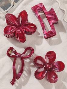 4 件套波西米亚勃艮第大理石蝴蝶结花朵方形发夹，适合海滩、春夏秋冬爪夹发饰女士度假装女士优雅发夹