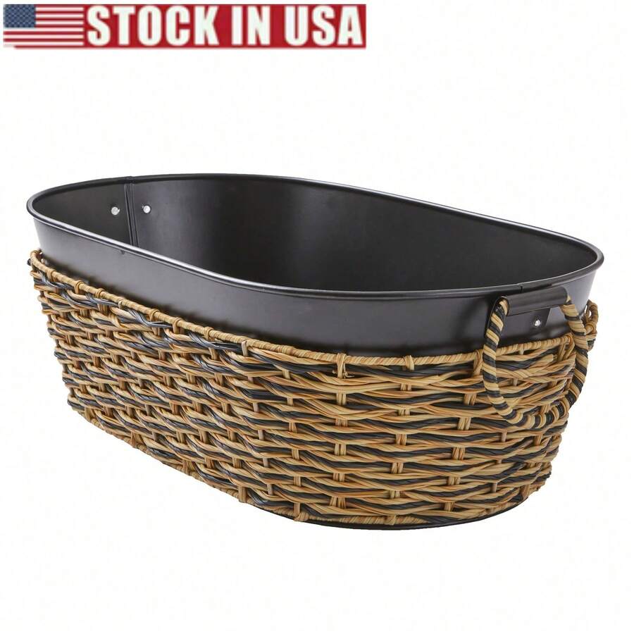 Black Galvanized Oval Tub Fashionable Oval Tub With Rattan Accents Complements Most Décor Styles. - Default - View 1