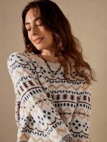 Wildy 女式宽松几何图案圆领落肩长袖休闲毛衣，秋冬装，长袖上衣 - 彩色 - 查看 5