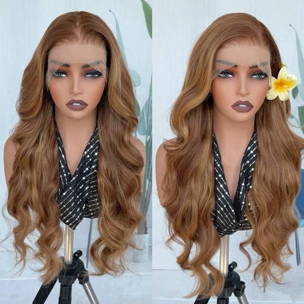 13*6 Swiss Lace Front Wavy Middle Part Free Part Pre-Plucked Medium Long Hair 26in High Temperature Fiber Wig With Baby Hair Highlights Honey Blonde Suitable For Daily Wear, Party, Women Synthetic Full Wig