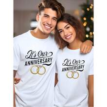 1pc Matching Anniversary T-Shirts For Couples - ""It's Our Anniversary"" Print With Interlocking Rings Design, White & Golden Geometric Pattern - 男款白色 - 查看 2