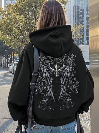 Women's Gothic Retro Wings Pattern Printed Hooded Sweatshirt, Hip-Hop Street Fashion Long Sleeve Drawstring Pocket Simple Versatile Women's Hooded, Suitable For Daily Wear Out