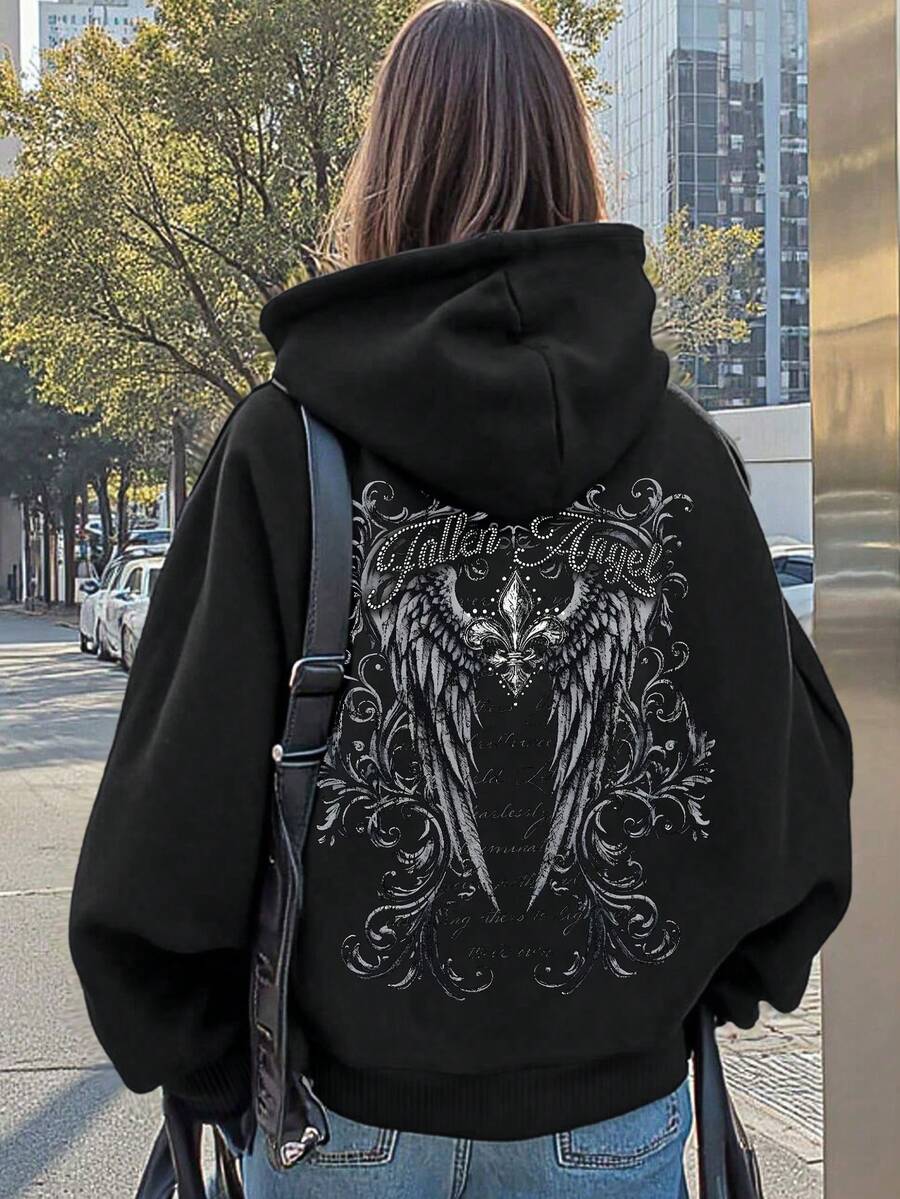 Women's Gothic Retro Wing Print Sweatshirt, Casual Street Style Long Sleeve Drawstring Pocket Sweatshirt, Minimalist Versatile Pullover For Daily Wear - Black - View 1