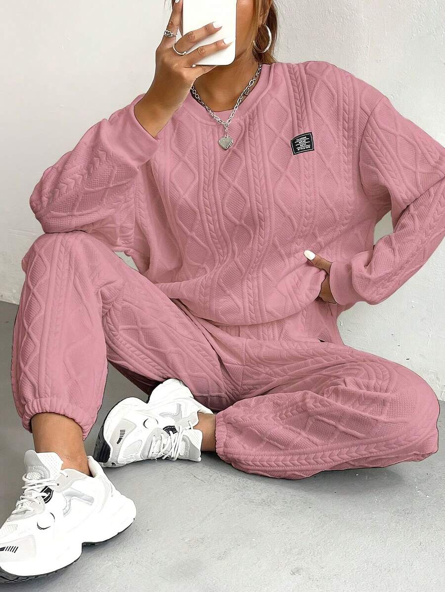 Textured Crew Neck Long Sleeve Sweatshirt Jogger Pants Casual Two Piece Set - 粉色 - 查看 1