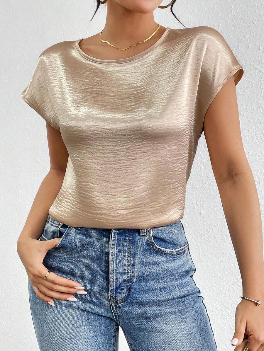 Blusa de unicolor de satén con mangas tipo murciélago, cuello redondo y plisada, blusas de manga corta para mujer - Champán - Ver 1