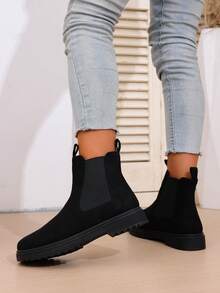 New Autumn Women's Chunky Heel Short Chelsea Boots, Inner Increased Height, Western Style Side Zipper - Black - View 7