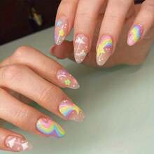 Wearable Medium And Long Rainbow Flower Yellow Star White Cloud Pointed Nail Sticker With Jelly Glue And Nail File - 彩色 - 查看 1