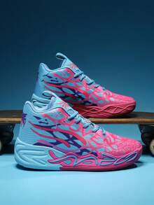 男士时尚减震运动鞋,涂鸦青少年篮球鞋 - 舒适、透气、防滑、减震运动鞋,适合训练、跑步和散步(手绘凹凸、迷彩不对称图案) - 蘭紅彩 - 查看 3