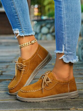 Women's 2025 Spring/Autumn New Lightweight Casual Comfortable Breathable Lace-Up Soft Leather Khaki Brown Fashion Travel Mom Flat Loafers Slip-On, Flats, Classic Flats, Fall